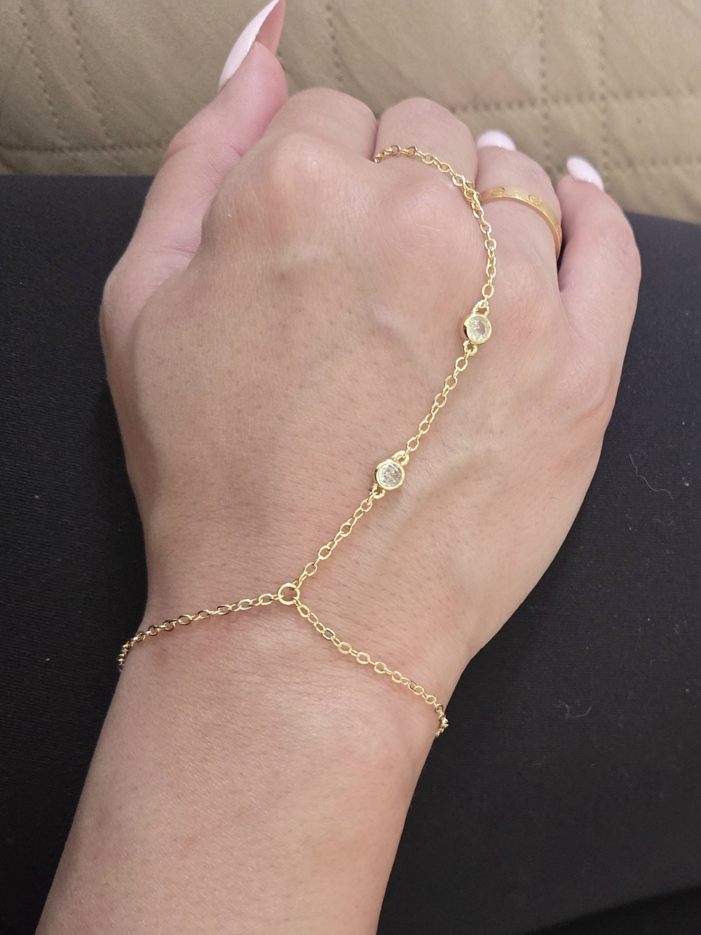 14K Gold Plated Hand Chain with Clear Stone Accents